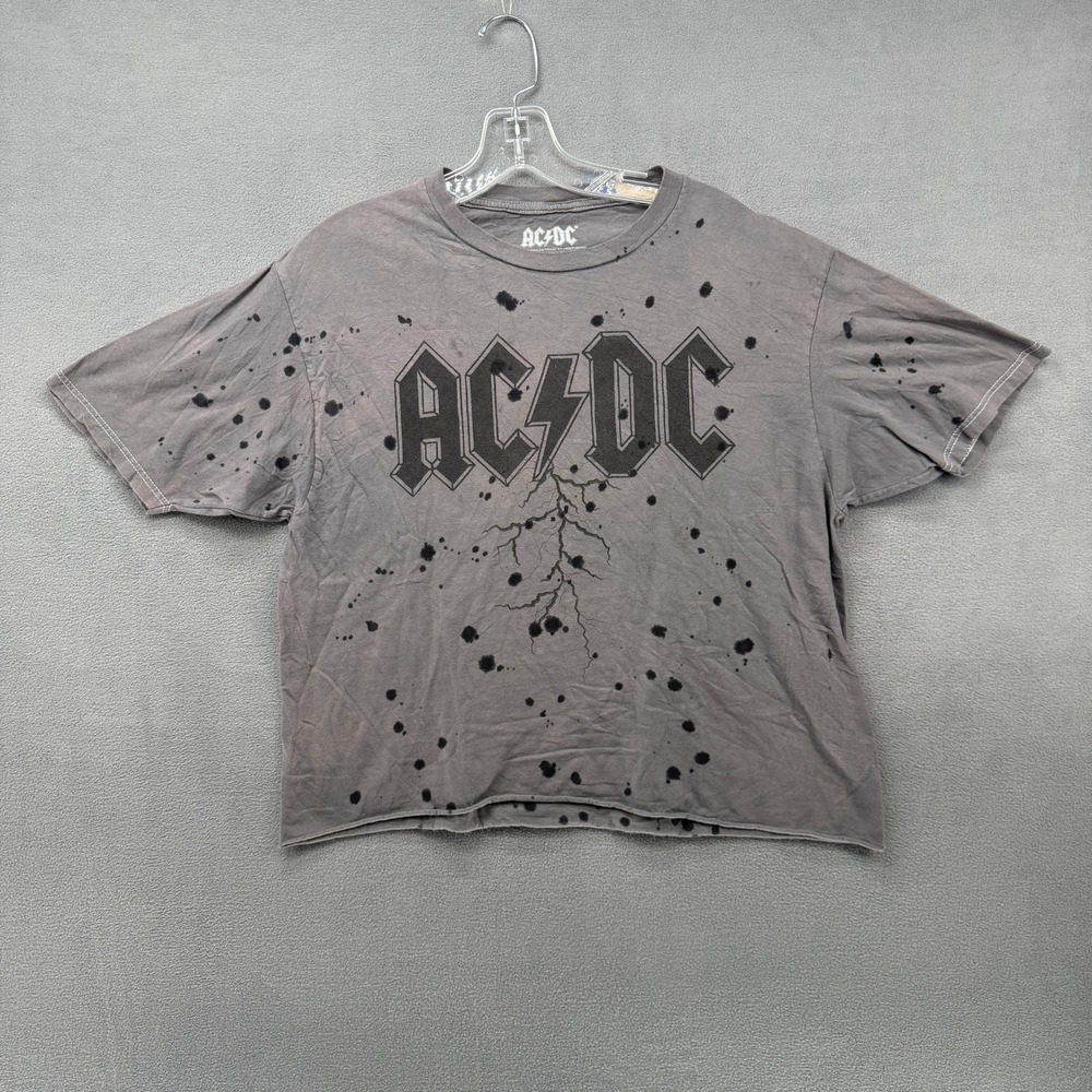 AC/DC Graphic T-Shirt Womens Large Grey Splatter Distressed Raw Hem Crop Top L